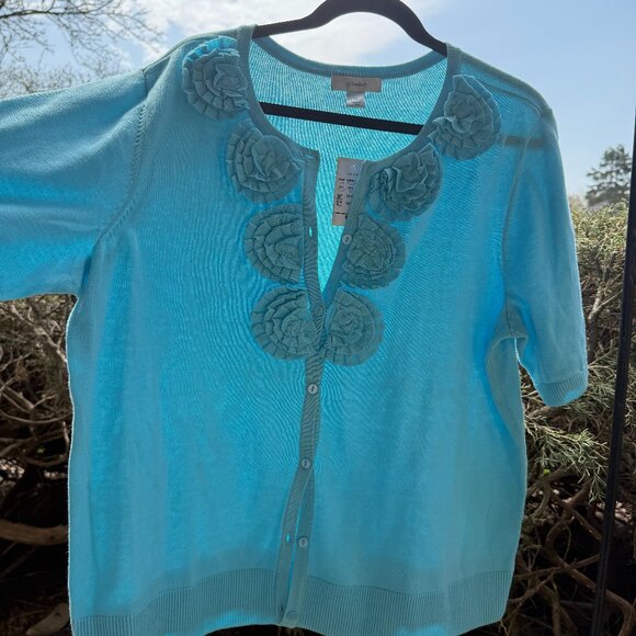 CJ Banks Women's Plus Size 1X Short Sleeve Cardigan with Rosette Design NWT Blue - Picture 1 of 12